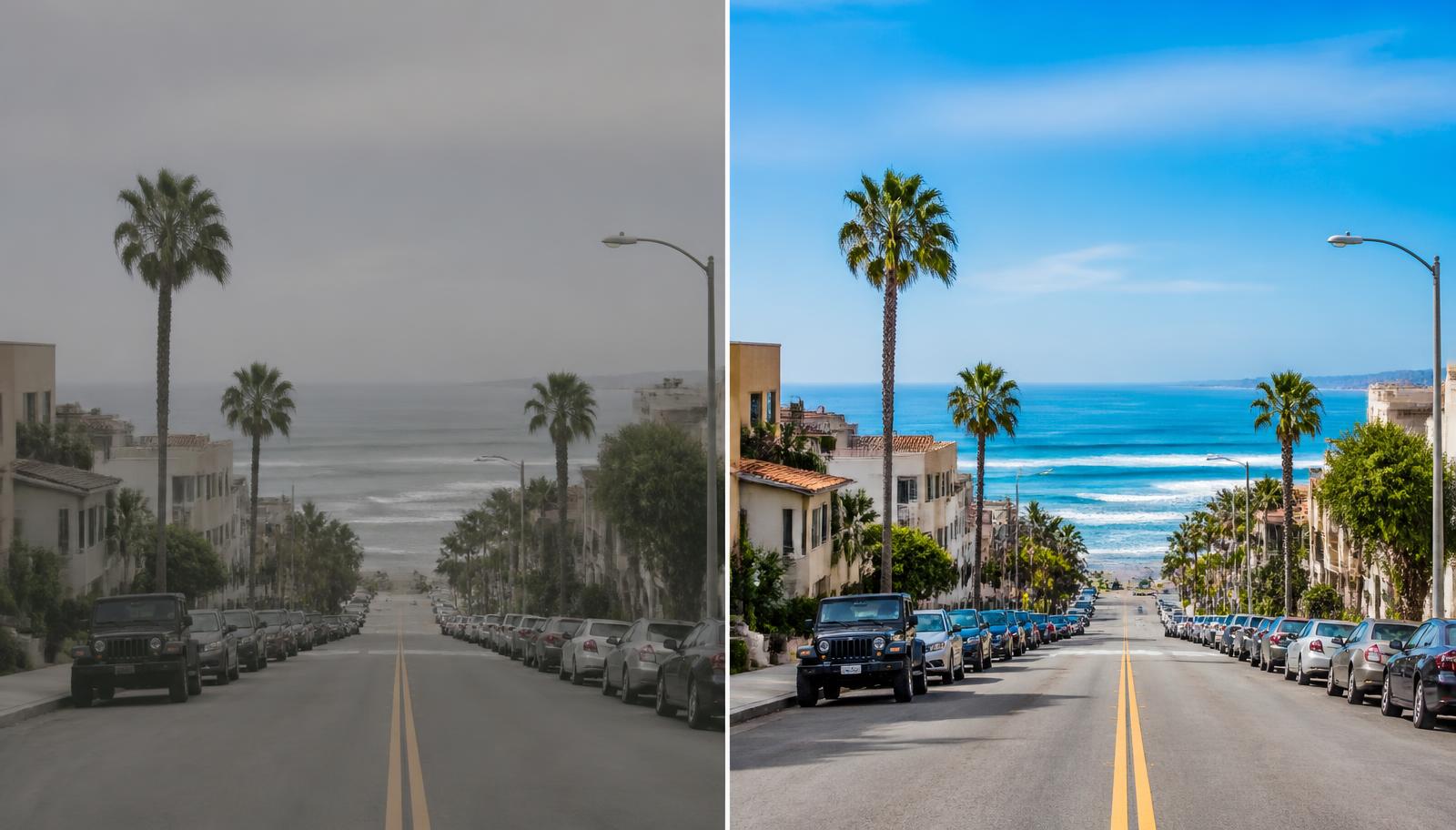 Before and after comparison: the original photo on the left, color-graded and framed on the right